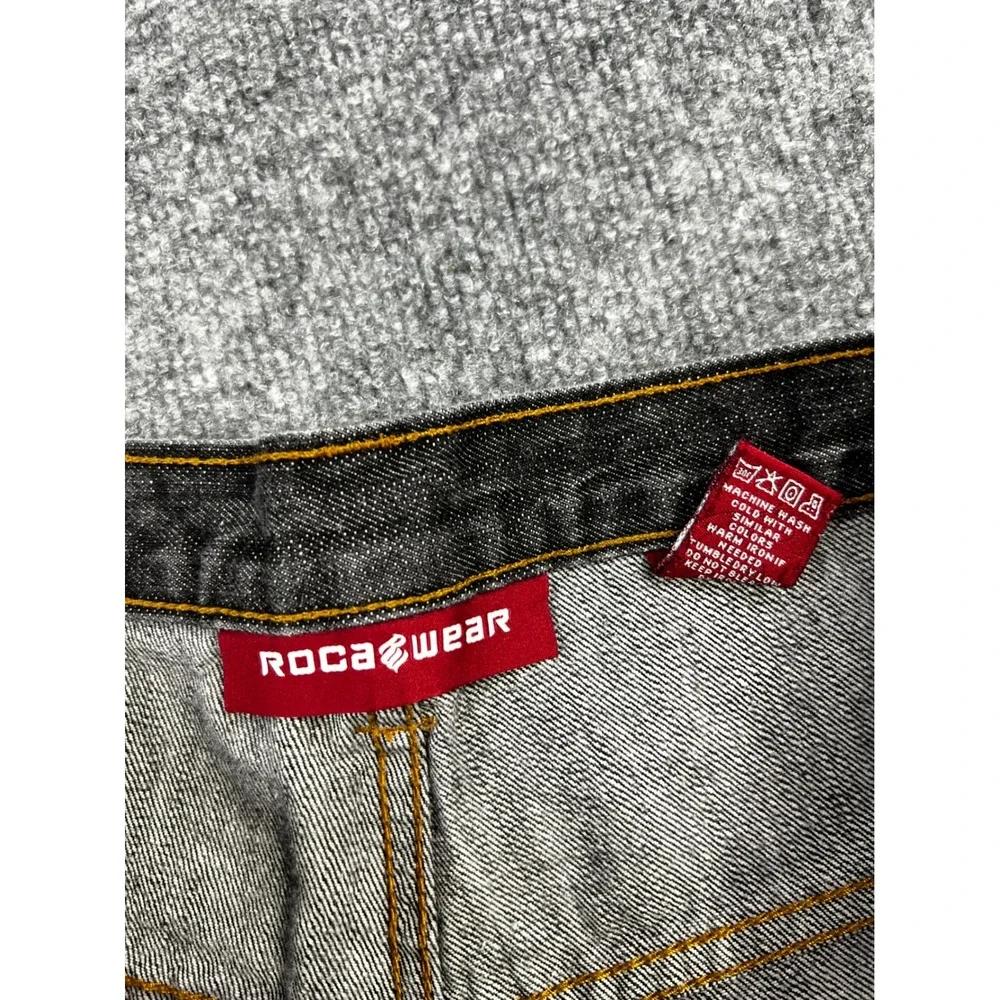 Rocawear Mens Black Denim Baggy Shorts Y2K Embroidered Logo Relaxed Fit 36